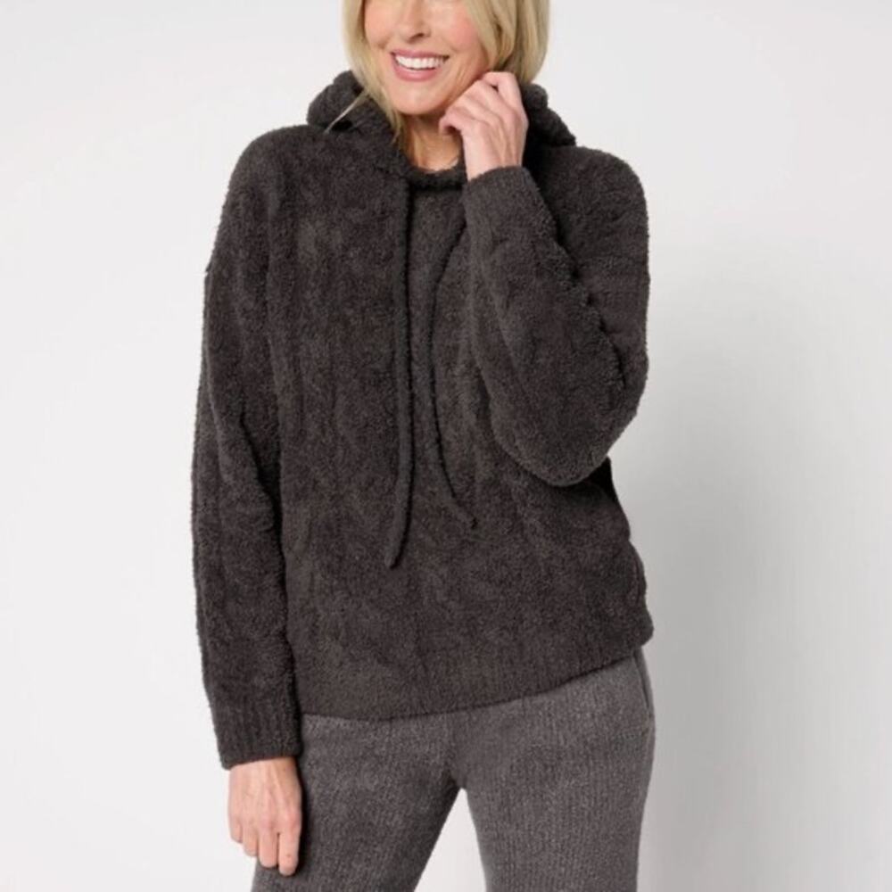 Barefoot Dreams Cable Knit Hooded Fuzzy Dark Gray Sweater Pullover | Size XL